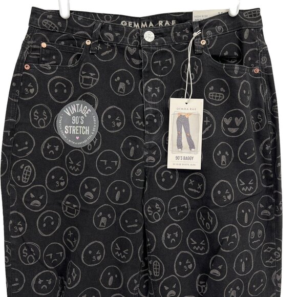 Gemma Rae Jeans Black Emoji Print Wide Leg Distressed Skater Baggy Size 15/32 - Picture 3 of 14
